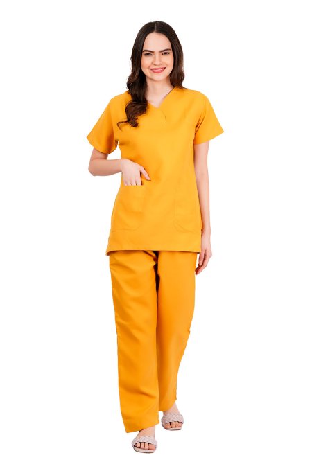 Mustard Yellow Y-Crossover Neckline Medical Scrubs Set Manufacturers, Suppliers in Tamil Nadu