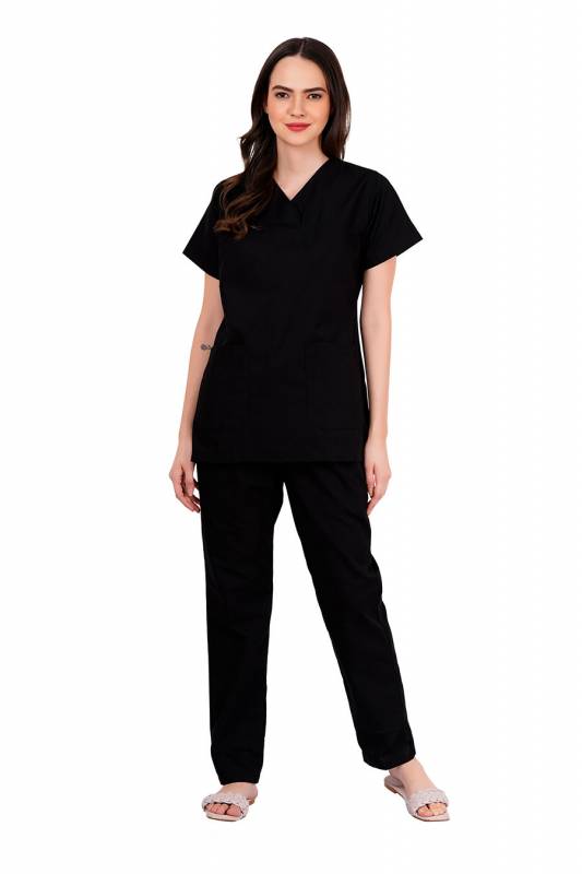 Black - Y Crossover Neckline Short Sleeve Top with Front & Inside Pockets, Gathered Pant with Adjustable Drawstring, Reinforced Side Vents, Customised Polycotton Fabric - Available in S to XXXL Manufacturers, Suppliers in Tamil Nadu