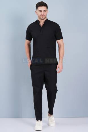 Black Polycotton Scrub Set – V-Neck, Short Raglan Sleeves, Elastic Drawstring Pant