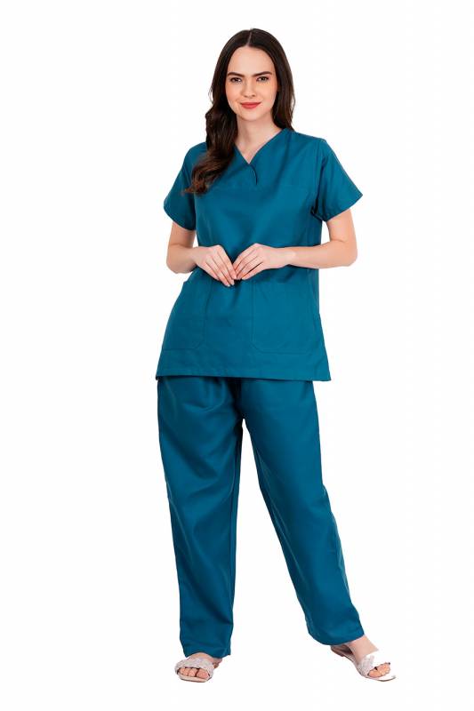 Bluish Green Polycotton Scrubs - Y Crossover Neckline, Short Sleeves, 3 Pockets, Front & Back Yokes, Adjustable Drawstring Pant, Reinforced Side Vents, Customised Polycotton Fabric, Sizes S-XXXL, 0.51 kg Manufacturers, Suppliers in Jamshedpur