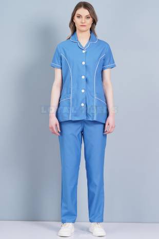 Ladies Nurse Tunic Set – Blue Cotton Fabric, Half Sleeves, Functional Pocket Design