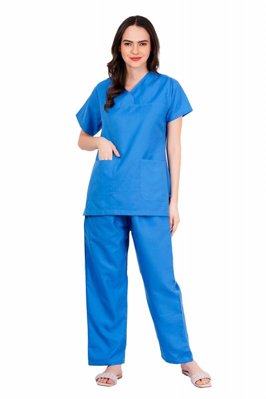 Ocean Blue - Y Crossover Neckline Short Sleeve Top with Front & Inside Pockets, Gathered Pant with Adjustable Drawstring, Reinforced Side Vents, Customised Polycotton Fabric - Available in S to XXXL Manufacturers, Suppliers in Tamil Nadu