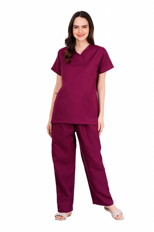 Reddish Burgundy - Y Crossover Neckline Short Sleeve Top with Front & Inside Pockets, Gathered Pant with Adjustable Drawstring, Reinforced Side Vents, Customised Polycotton Fabric - Available in S to XXXL Manufacturers, Suppliers in Tamil Nadu