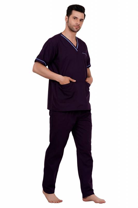 Wine Red and Blue - V Neck T-Shirt with Short Sleeves & Front and Back Yokes – Full Elastic Waistband Pants with Adjustable Drawstring, Reinforced Side Vents, Customised Polycotton Fabric, Sizes S-XXXL Manufacturers, Suppliers in Dispur